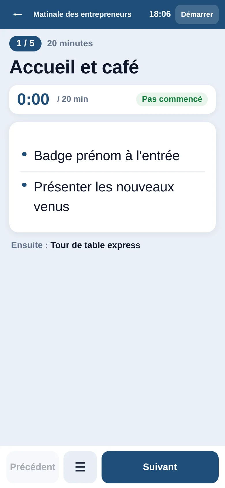 L'écran Animer sur téléphone : étape 1 sur 5, « Accueil et café », 20 minutes, l'heure, un bouton Démarrer, le minuteur, les points de l'étape en gros caractères, l'étape suivante, et les boutons Précédent et Suivant.