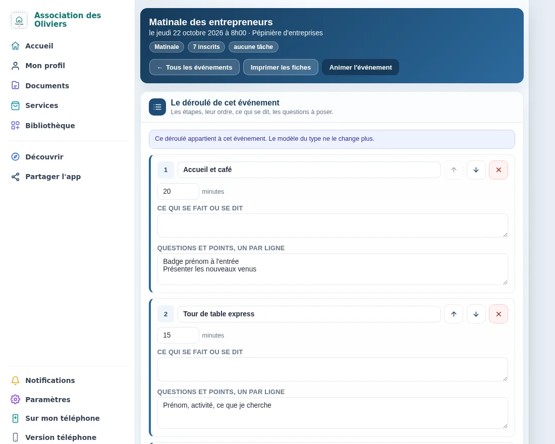 L'écran Préparation de la Matinale des entrepreneurs : boutons Imprimer les fiches et Animer, puis le déroulé étape par étape, avec la durée en minutes et les questions et points de chaque étape.